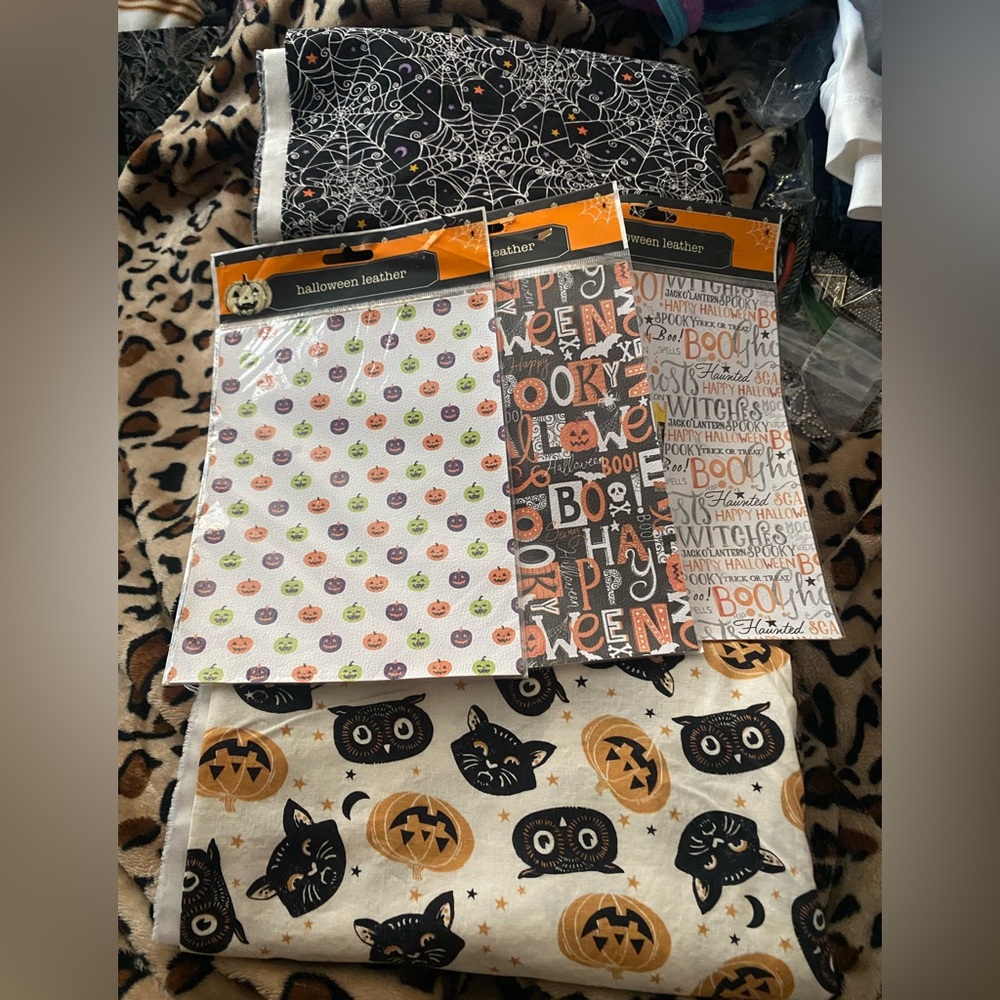 Halloween Lot Of 5 Craft 2 Fabric Remnants 3 Leather Pieces Sewing Spiderweb Etc